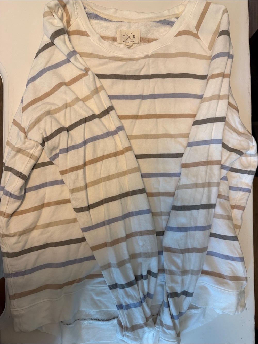 Thread & Supply Cream Striped Long-Sleeve Top with Blue, Tan & Gray Stripes